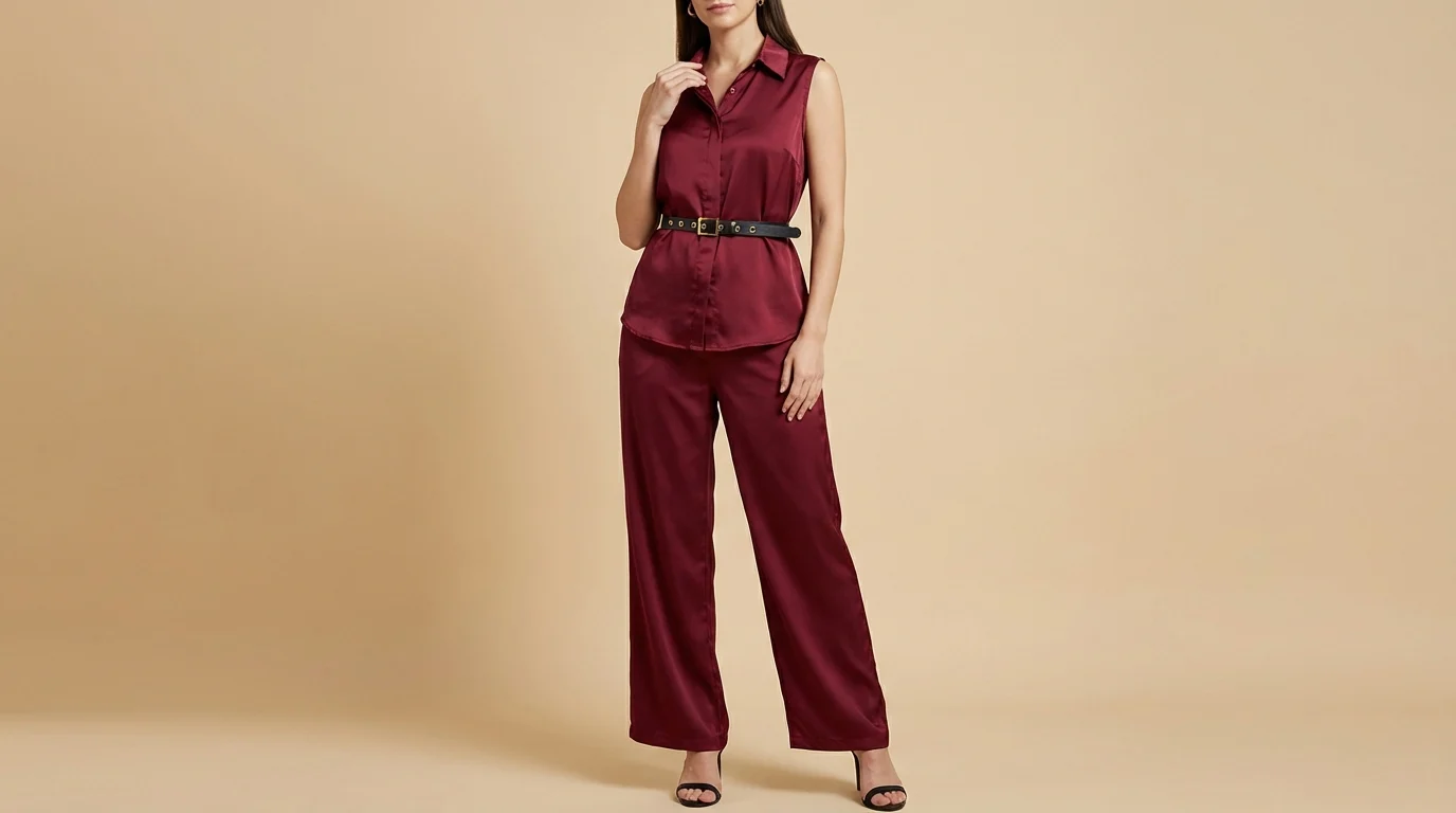 Women’s Maroon Satin Sleeveless Cord Set with Belt Premium Co ord Suit (1) Women’s Maroon Satin Sleeveless Cord Set with Belt Premium Co ord Suit (1)