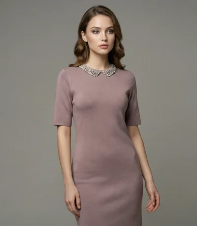 Women’s Mauve Embellished Collar Knit Sheath Dress (5)