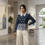 Women's Navy Blue Button Down Shirt with White Lace Peter Pan Collar and Floral Embroidery (1)