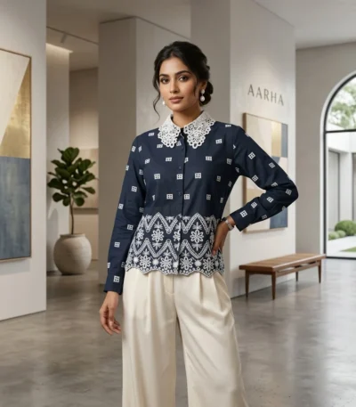 Women's Navy Blue Button Down Shirt with White Lace Peter Pan Collar and Floral Embroidery (1)