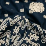 Women's Navy Blue Button Down Shirt with White Lace Peter Pan Collar and Floral Embroidery (3)