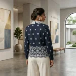 Women's Navy Blue Button Down Shirt with White Lace Peter Pan Collar and Floral Embroidery (5)