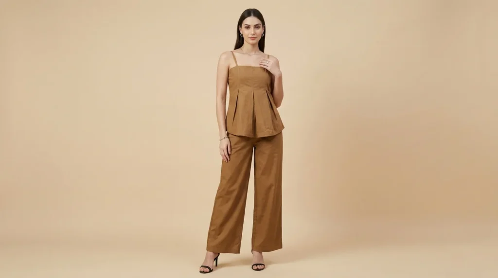 Women's Ochre Brown Pleated Camisole Top and Wide Leg Trouser Co ord Set (2) Copy