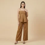 Women's Ochre Brown Pleated Camisole Top and Wide Leg Trouser Co ord Set (2) Copy
