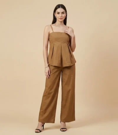 Women's Ochre Brown Pleated Camisole Top and Wide Leg Trouser Co ord Set (2) Copy