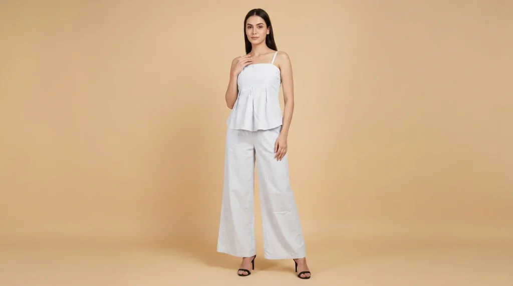 Women’s Pale Grey Linen Blend Pleated Camisole and Wide Leg Cord Set (1)