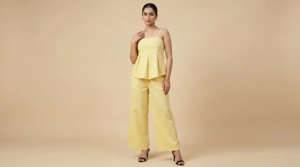 Women's Pastel Yellow Cotton Coord Set Peplum Top & Wide Leg Trousers (1)