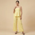 Women's Pastel Yellow Cotton Coord Set Peplum Top & Wide Leg Trousers (1)