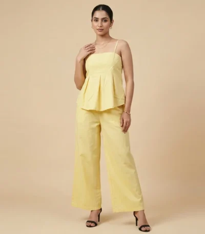 Women's Pastel Yellow Cotton Coord Set Peplum Top & Wide Leg Trousers (1)