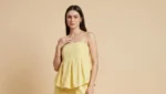Women's Pastel Yellow Cotton Coord Set Peplum Top & Wide Leg Trousers (2)