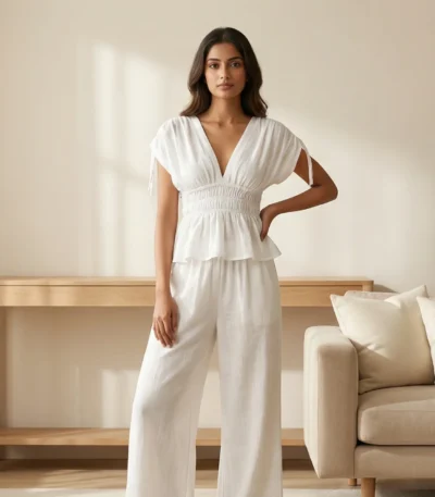 Women's Pristine White Crinkle Cotton Peplum Co ord Set (1)