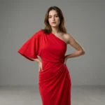 Women's Red One Shoulder Asymmetric Midi Dress with Cut Out Back (1)