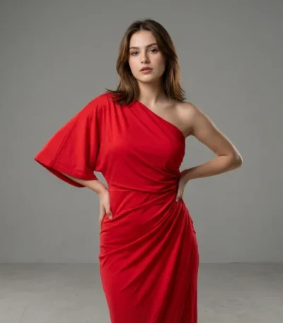 Women's Red One Shoulder Asymmetric Midi Dress with Cut Out Back (1)
