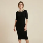 Women's Rib Knit Black Midi Dress with Embellished Jewel Neckline (1)