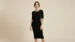 Women's Rib Knit Black Midi Dress with Embellished Jewel Neckline (1)