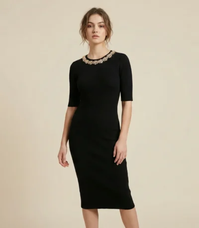 Women's Rib Knit Black Midi Dress with Embellished Jewel Neckline (1)