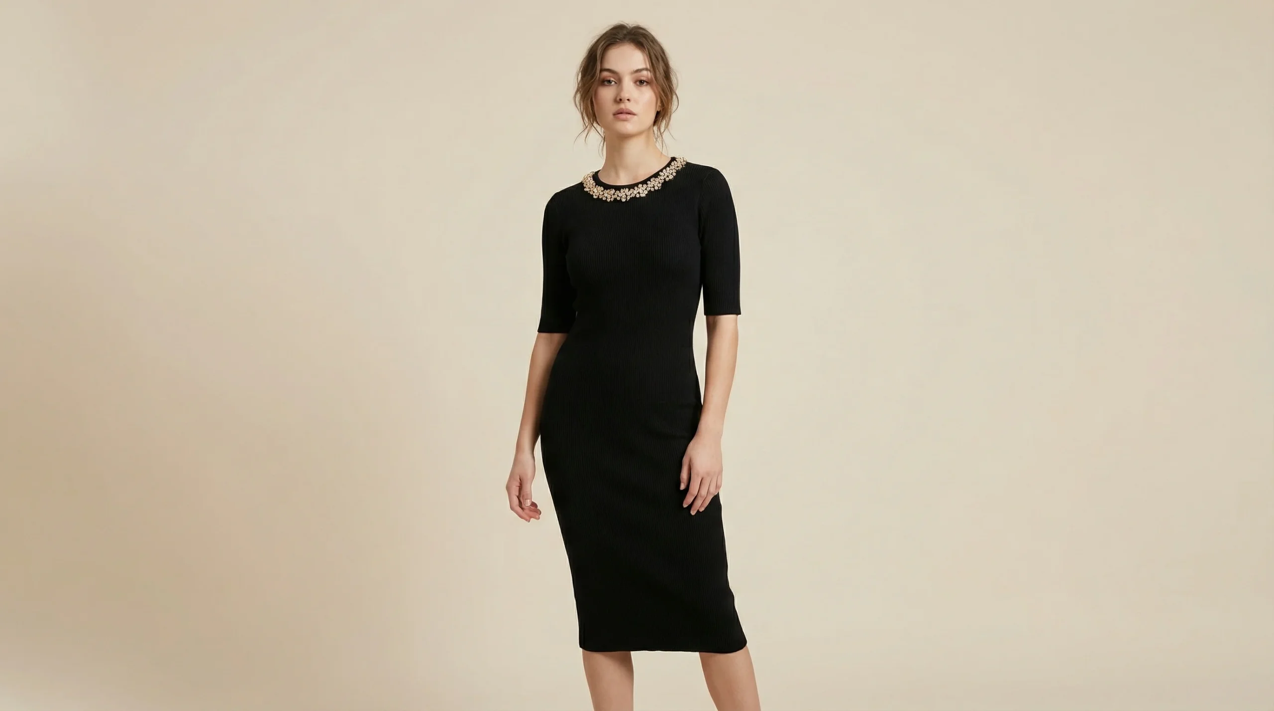 Women's Rib Knit Black Midi Dress with Embellished Jewel Neckline (1) Women's Rib Knit Black Midi Dress with Embellished Jewel Neckline (1)