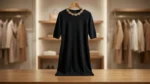 Women's Rib Knit Black Midi Dress with Embellished Jewel Neckline (2)