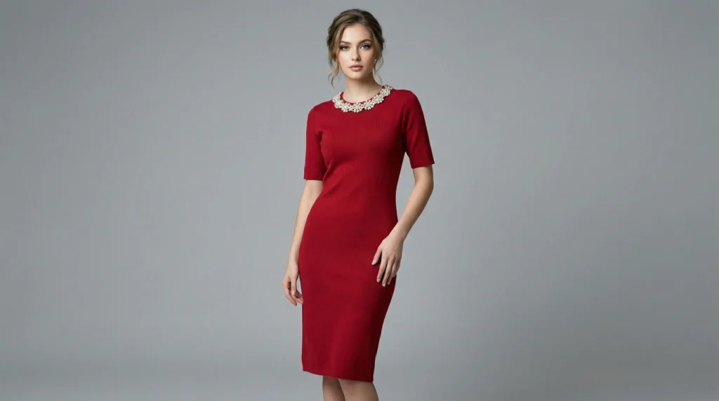 Women’s Ruby Red Embellished Neckline Knit Sheath Dress (4)