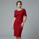 Women’s Ruby Red Embellished Neckline Knit Sheath Dress (4)
