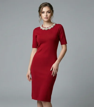 Women’s Ruby Red Embellished Neckline Knit Sheath Dress (4)