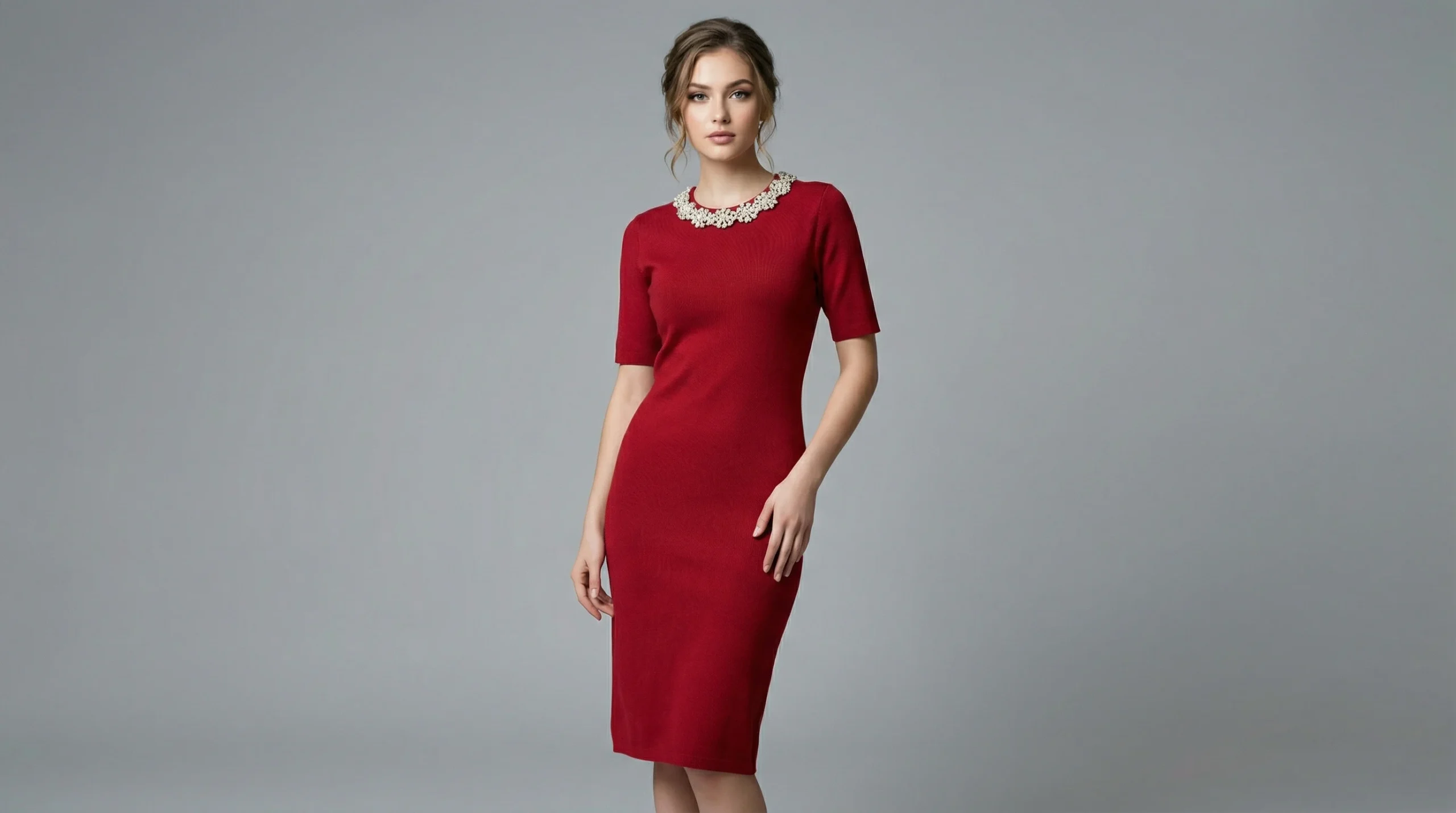 Women’s Ruby Red Embellished Neckline Knit Sheath Dress (4) Women’s Ruby Red Embellished Neckline Knit Sheath Dress (4)