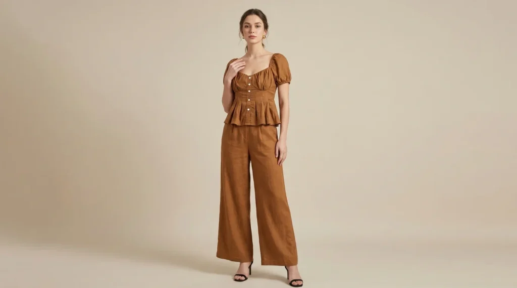 Women's Tobacco Brown Linen Blend Peplum Top and Wide Leg Cord Set (1)