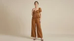 Women's Tobacco Brown Linen Blend Peplum Top and Wide Leg Cord Set (1)