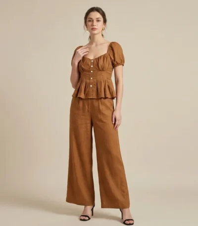 Women's Tobacco Brown Linen Blend Peplum Top and Wide Leg Cord Set (1)