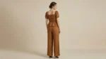 Women's Tobacco Brown Linen Blend Peplum Top and Wide Leg Cord Set (4)