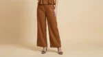 Women's Tobacco Brown Linen Blend Peplum Top and Wide Leg Cord Set (5)