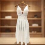 Women's White Deep V Neck Pleated Fit & Flare Midi Dress (2)