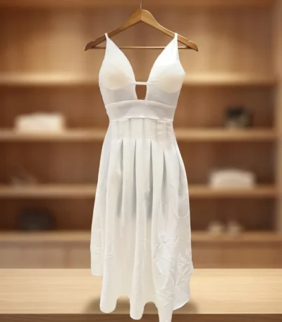 Women's White Deep V Neck Pleated Fit & Flare Midi Dress (2)