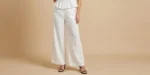 Women’s White Linen Puff Sleeve Peplum Top and Wide Leg Trouser Set (1)