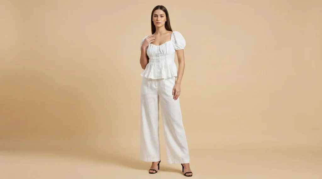 Women’s White Linen Puff Sleeve Peplum Top and Wide Leg Trouser Set (2)