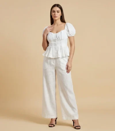 Women’s White Linen Puff Sleeve Peplum Top and Wide Leg Trouser Set (2)