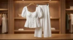 Women’s White Linen Puff Sleeve Peplum Top and Wide Leg Trouser Set (3)