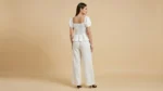 Women’s White Linen Puff Sleeve Peplum Top and Wide Leg Trouser Set (4)