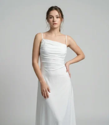 Women’s White Ruched Bodice Strappy Midi Dress Elegant Evening Wear (2) Copy