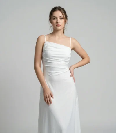 Women’s White Ruched Bodice Strappy Midi Dress Elegant Evening Wear (2) Copy