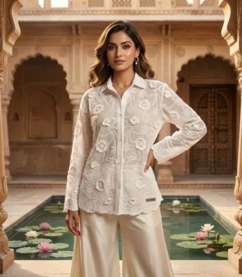 Women's White Sheer Shirt with 3D Floral Appliques and Eyelet Embroidery (1)