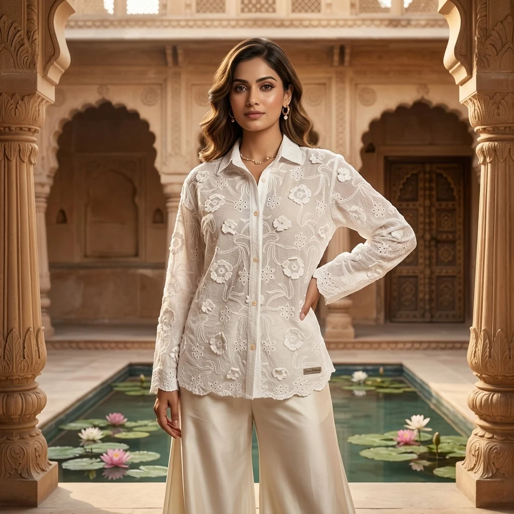 Women's White Sheer Shirt with 3D Floral Appliques and Eyelet Embroidery (1)