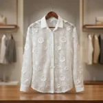 Women's White Sheer Shirt with 3D Floral Appliques and Eyelet Embroidery (2)