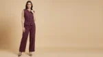Women's Wine Textured Sleeveless Waistcoat and Wide Leg Trouser Set (1)