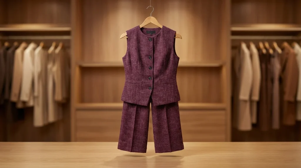 Women's Wine Textured Sleeveless Waistcoat and Wide Leg Trouser Set (2)