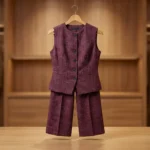 Women's Wine Textured Sleeveless Waistcoat and Wide Leg Trouser Set (2)