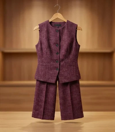 Women's Wine Textured Sleeveless Waistcoat and Wide Leg Trouser Set (2)