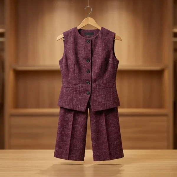 Women's Wine Textured Sleeveless Waistcoat and Wide Leg Trouser Set (2)
