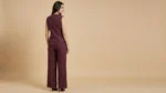 Women's Wine Textured Sleeveless Waistcoat and Wide Leg Trouser Set (3)
