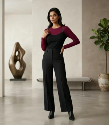 Women’s burgundy and black two tone color block top with faux leather buckle straps (1)